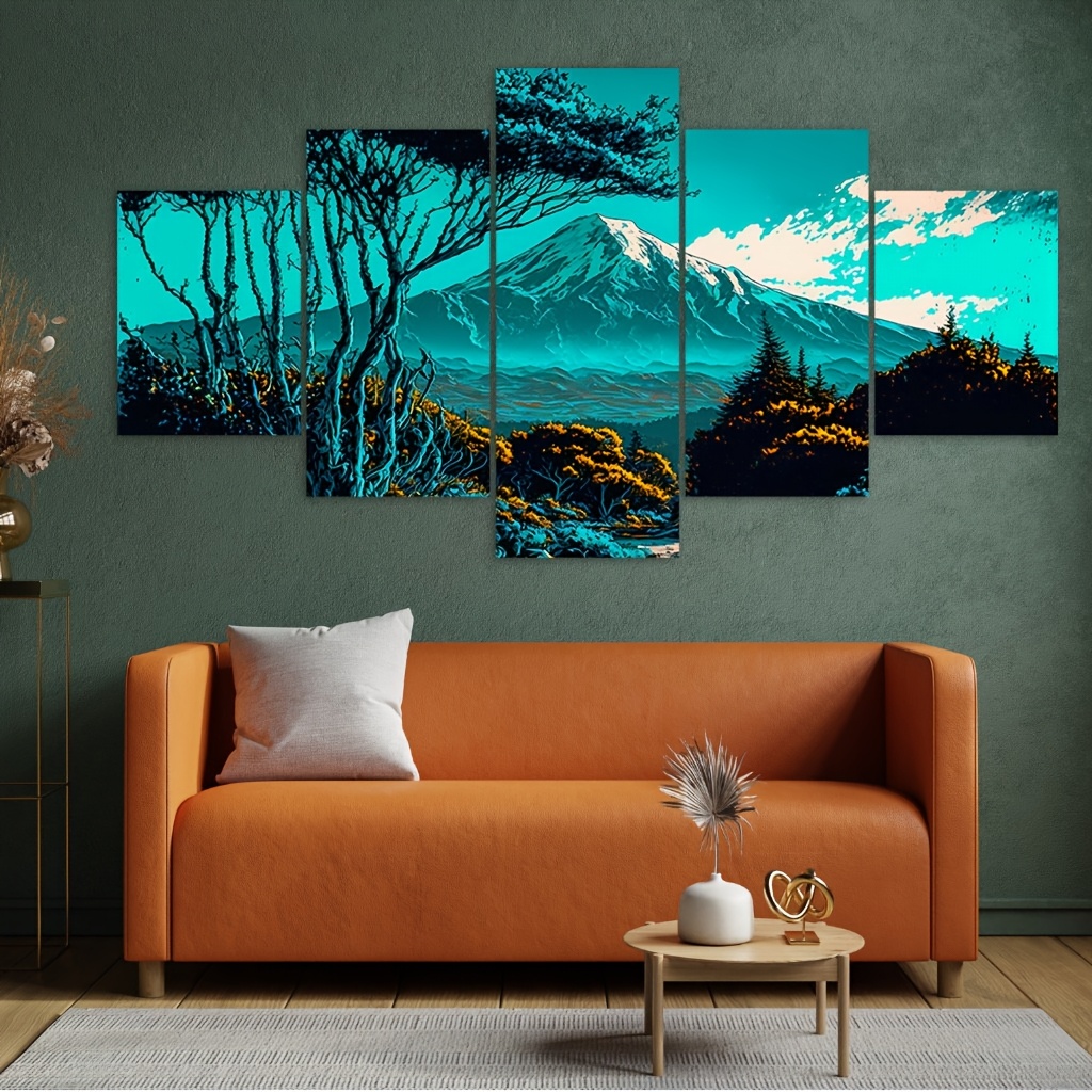 TEMU Mount - Turquoise Color - 5pcs Canvas Wall Art - Multi-panel Print - Abstract Painting Style - Decor