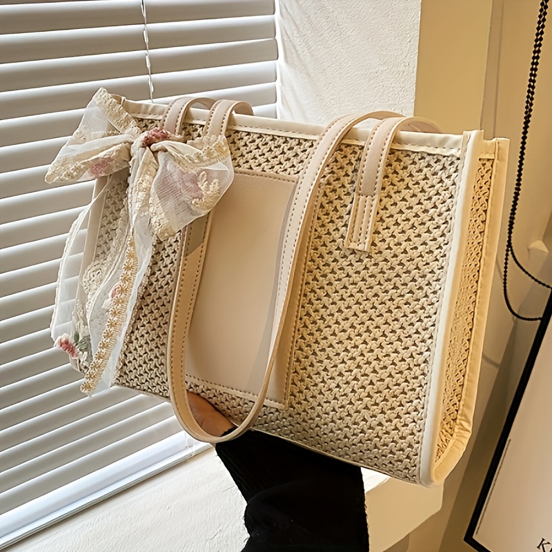 elegant beige woven straw tote bag women large capacity Temu Kuwait