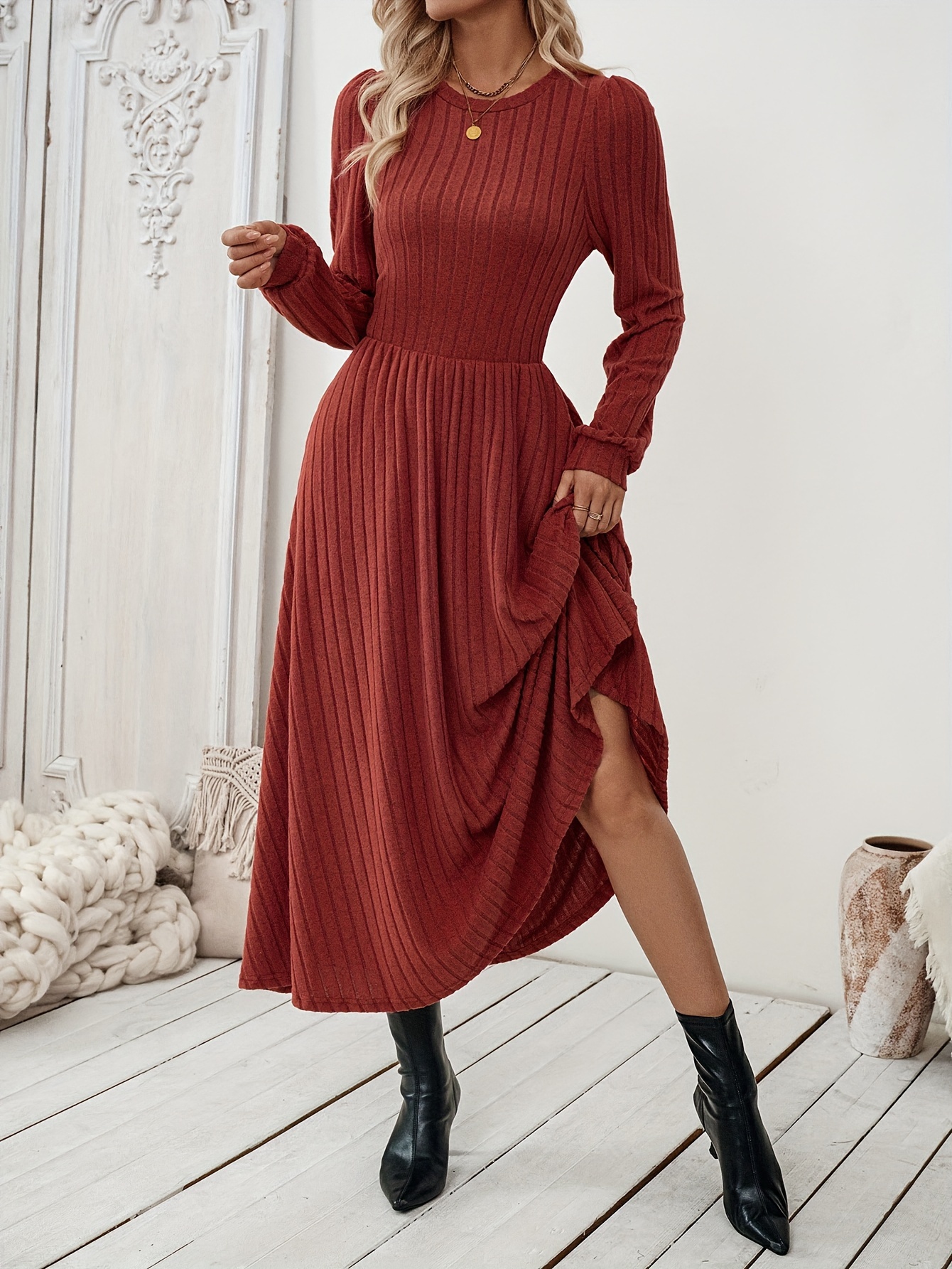 sachin and babi light blue dress Cozy Chic: Plus Size Knitted Turtleneck Puff Sleeve Sweater Dress for