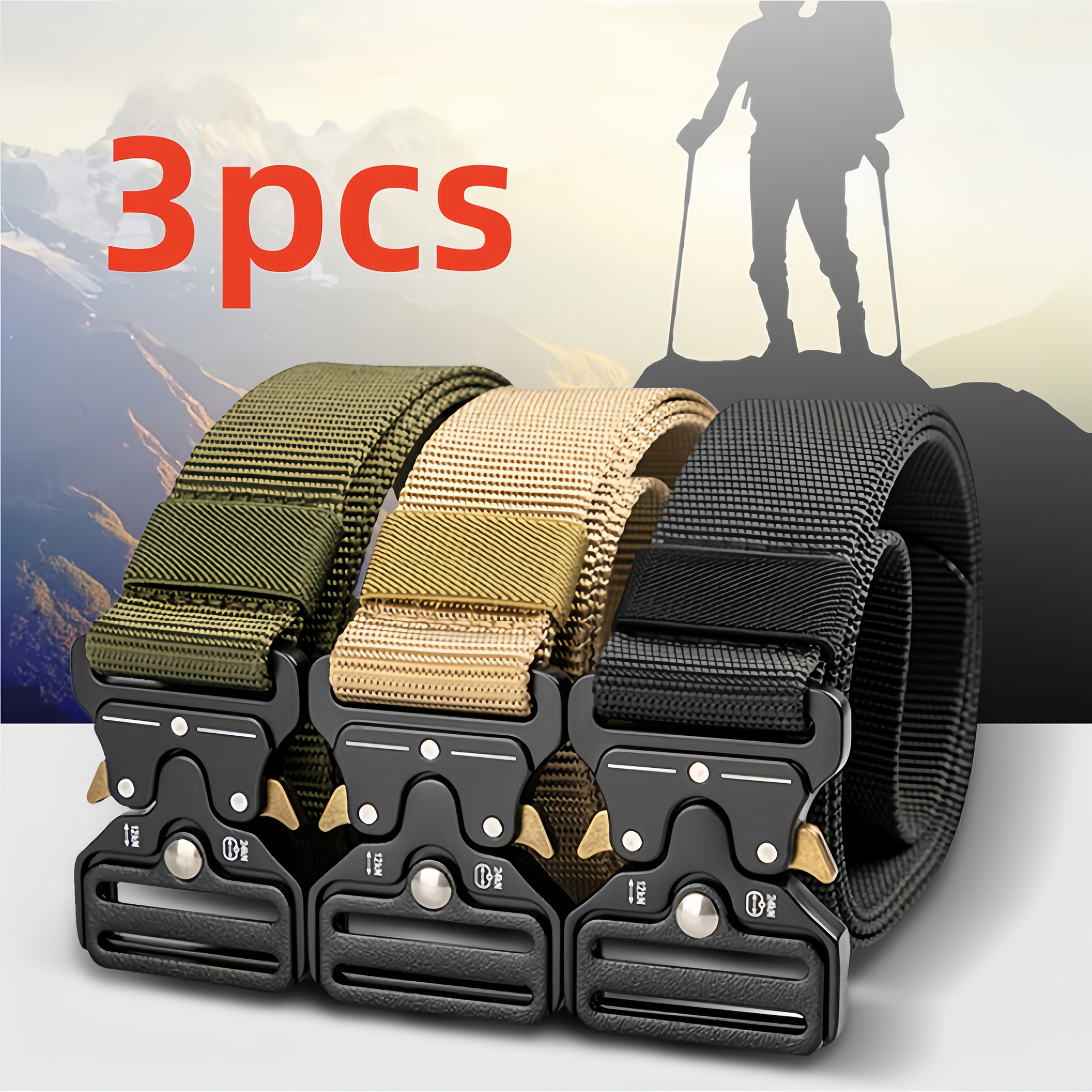 

3pcs Men's Tactical Belts - Adjustable Nylon Belt With Metal , Green, Tan, Black - , Training, And Father's Day Gift Set