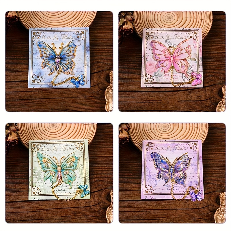 E-shop 4 Stk. ästhetische Schmetterlings-Lesezeichen aus Metall mit Ölgemälde-Thema durchbrochenem Design, inklusive Anhänger-Kette, elegante