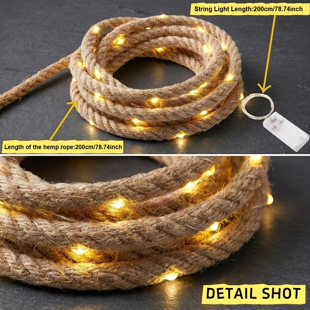 TEMU 1pc Extra Long 200cm (78.74inch) Vintage Luminous Braided Hemp Rope Light, 1pc Copper Wire Battery Box String Light + Hemp Rope Combination,