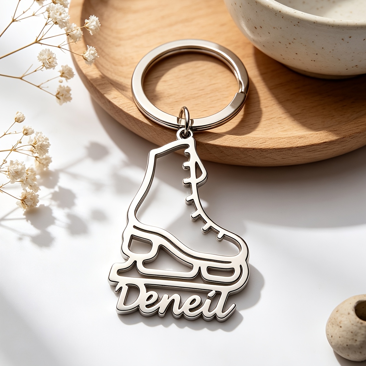 TEMU [custom] Women's Fashion Elegant Custom Name Plate Keychain Stainless Steel Name Plate Keychain Ice Skates Roller Keychain Couple Wind Keychain