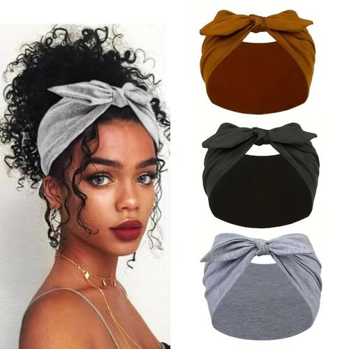 3pcs extra large rabbit ear hair ties with elastic waistband soft yoga sports headscarf womens sweat absorbent bandana in multiple colors gray for a look