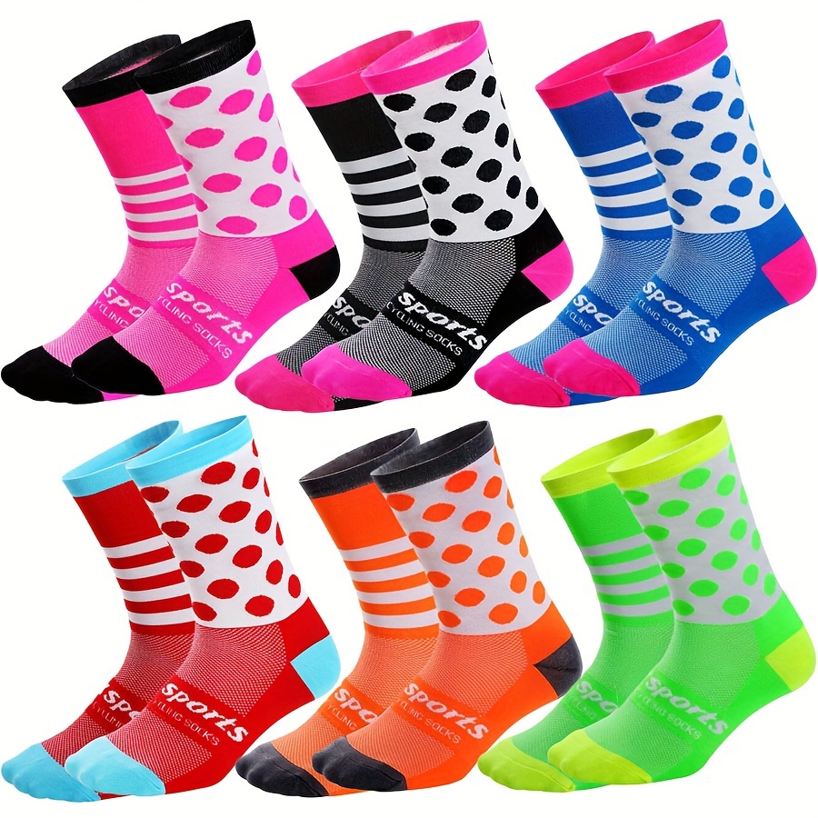 

6 Pair Of Men's Colorful Geometric Pattern Crew Socks, Quick Dry Non Slip Shock Absorption Comfy Breathable Socks For Cycling