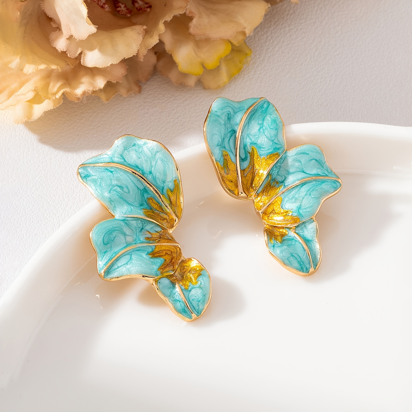 Elegant Green Enamel Half Flower Shaped Earrings