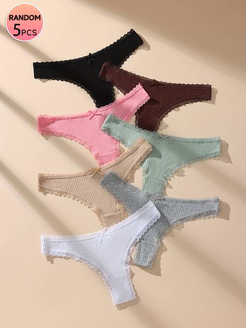 5pcs of womens lace panties with floral print and bow belt low soft and fabric comfortable and breathable ladies lingerie and panties