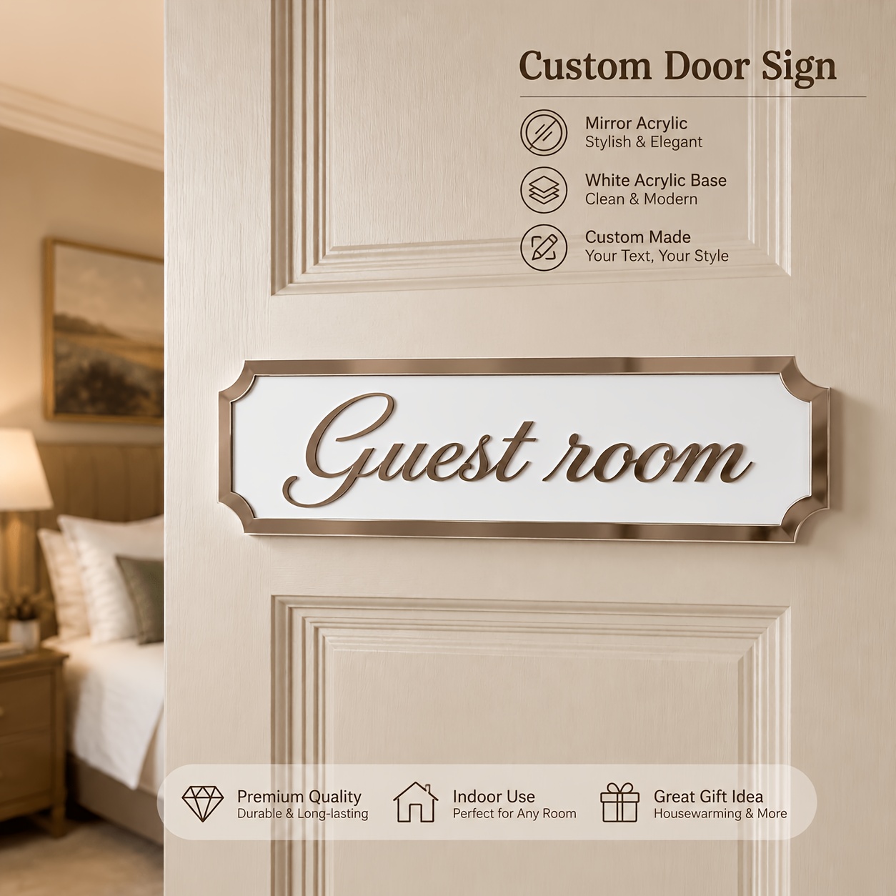 TEMU 2d Flat, Personalized Custom Acrylic Name Door Plate, 24×8cm White Acrylic Base With Mirror-finish Acrylic Border And 1pc Text, Self-adhesive