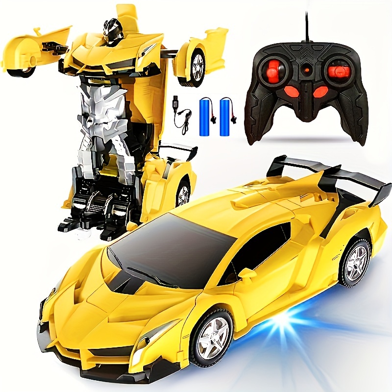 1:18 Scale Yellow Robot Transforming Remote Control Car for Youngsters - 360° Rotating LED Lights, 14KM/H, Rechargeable Lithium Battery (800mAh*2), USB Charging, Flashing Taillights & Headlights, Futuristic Design - Perfect Christmas or Birthday Gift, Fun Outdoor Play | Sleek Aerodynamic Design | Rechargeable Toy, SHOLLAR