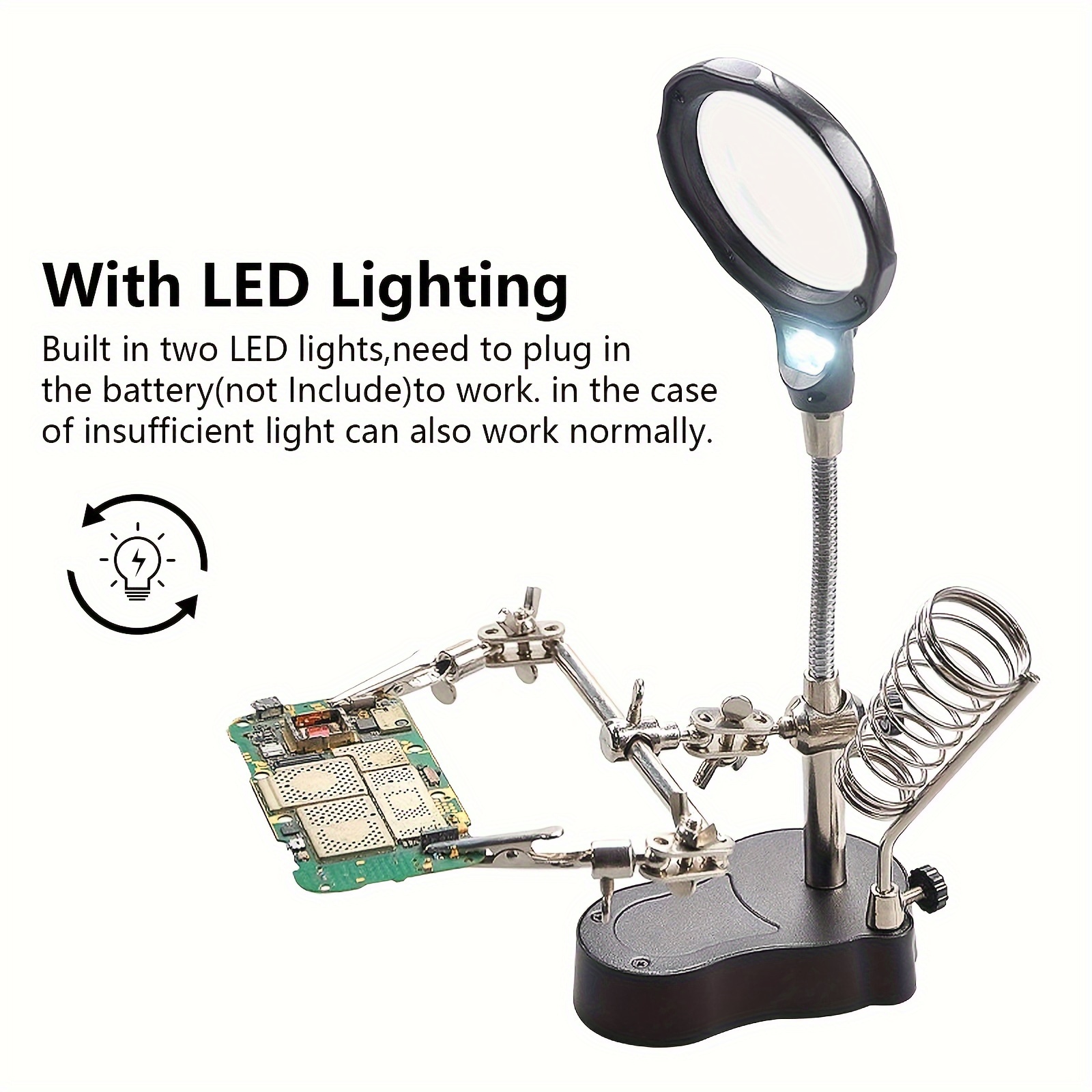 מגדלית LED מתכוונת עם אזיקים, כלי בדיקה נייד עם תאורה לתחזוקת טלפון נייד, אלקטרוניקה, יצירת תכשיטים, עיצוב קיפולי, מופעל על ידי סוללת AAA, אביזר לריתוך מתכת תעשייתי פרטים 1