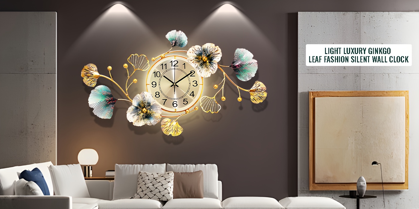 37" x 20" Large 3D Ginkgo Metal Wall Clock with Light 10 Large 3D Ginkgo Metal Wall Clock with Light