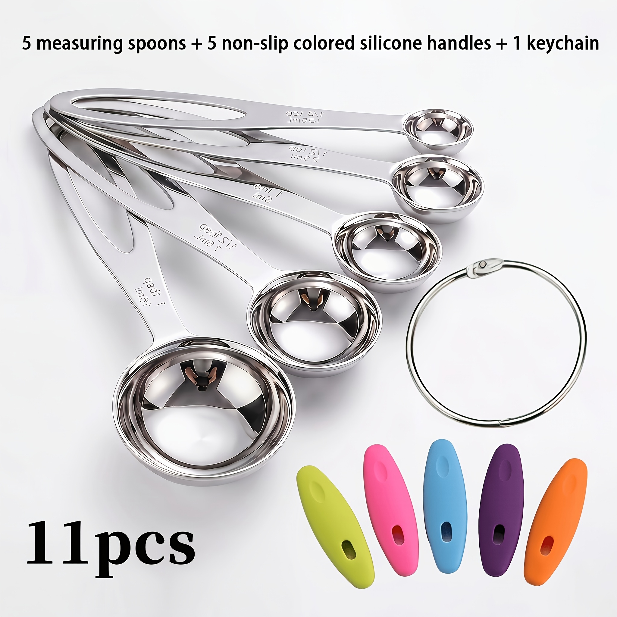 TEMU 11pcs Stainless Steel Measuring Spoon Set Includes 5 Food-grade Silicone Handles. It Features Clear , Is Specifically Designed For Cooking And