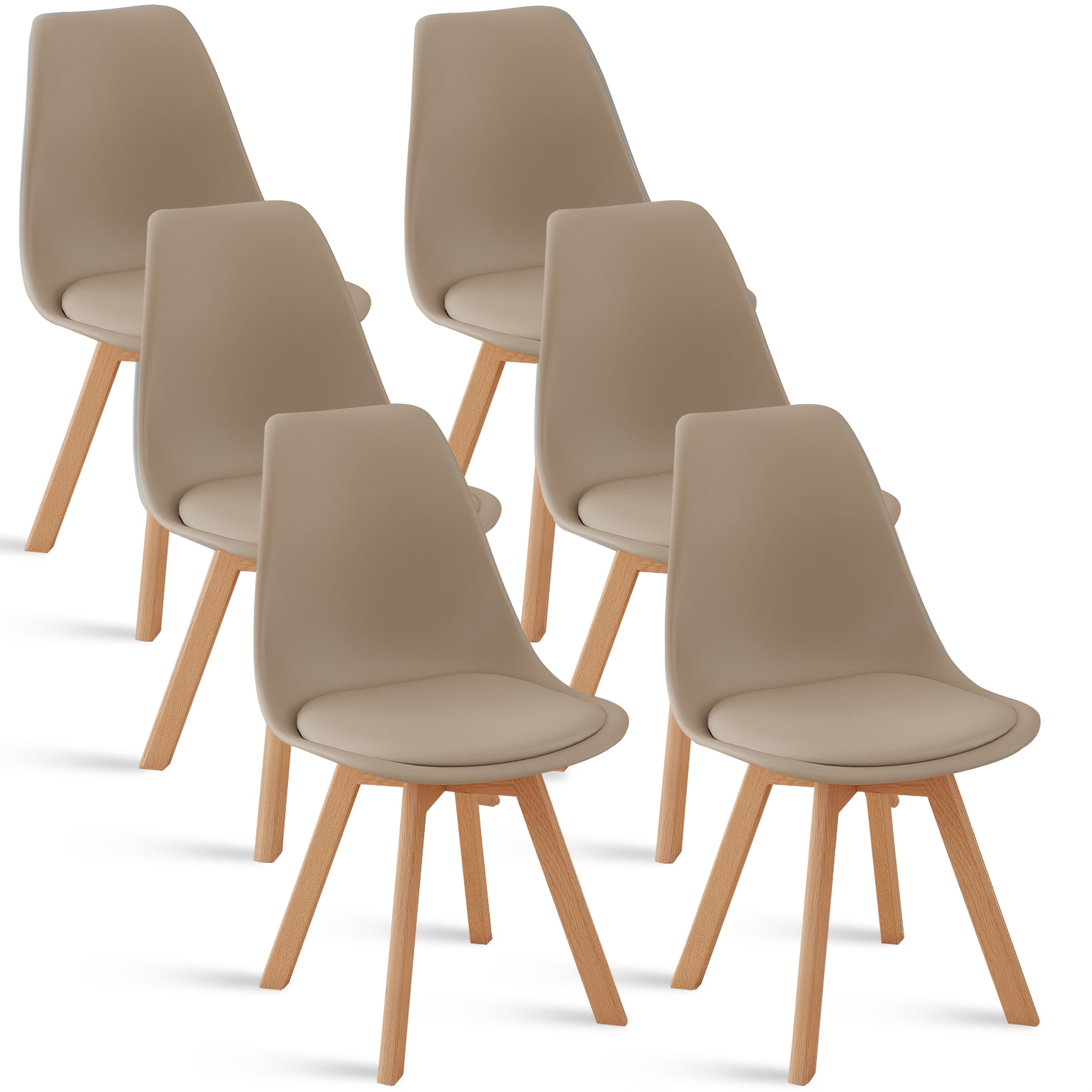 Image of Egoonm Set Of 6 Tulip Dining Chairs, Mid-century Modern Kitchen Chairs With Wood Legs And Pu Leather Cushion For Dining Room, Living Room, Bedroom, Khaki