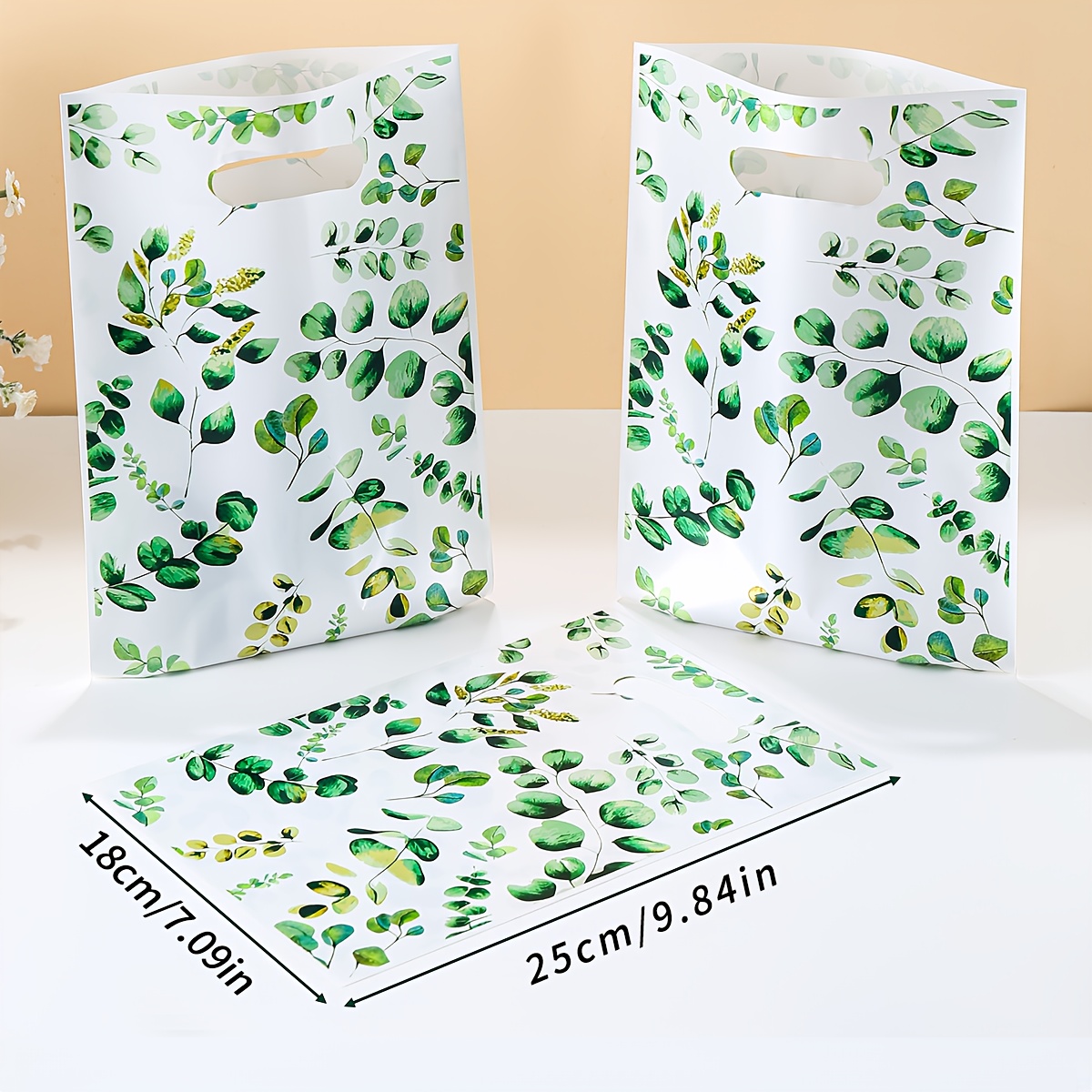 TEMU 30 Stück Geschenktüten mit Eukalyptusblatt-Muster, 25*18cm kleine Geschenktüten, Geschenktüten mit grünem Blatt-Thema, Tragetaschen aus