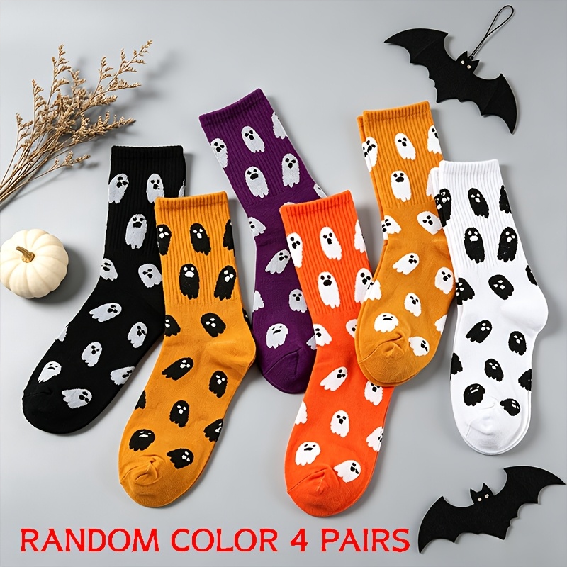 TEMU 4-pair Random /winter Halloween Cute Print Mid-tube Socks / Halloween Essential / Comfortable And Versatile / Fun, Quirky, Soft, And Comfortable