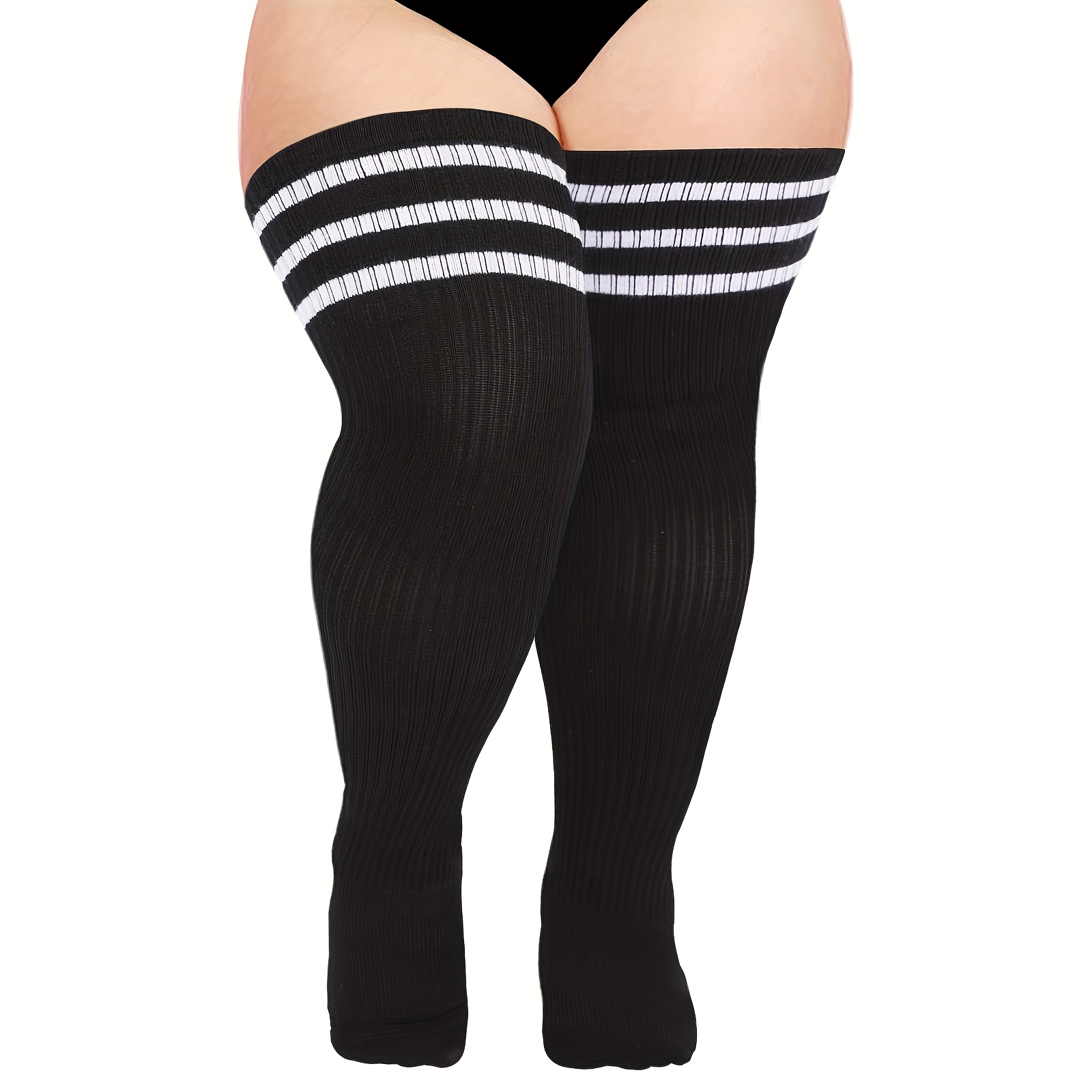 Image of 1 Size Breathable Womens Thigh High Socks For Thick Thighs- Extra Long Striped Thick Over The Knee Socks- Leg Warmer Boot Socks Winter
