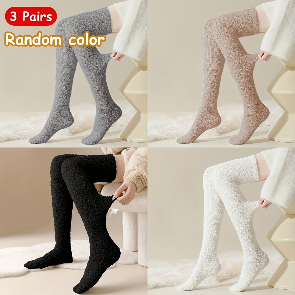 TEMU 3 Paires de Chaussettes Longues Épaisses en Molleton pour Femmes - Couleur Aléatoire, Doublure Chaude et Moelleuse d'Hiver, Couleur Unie,
