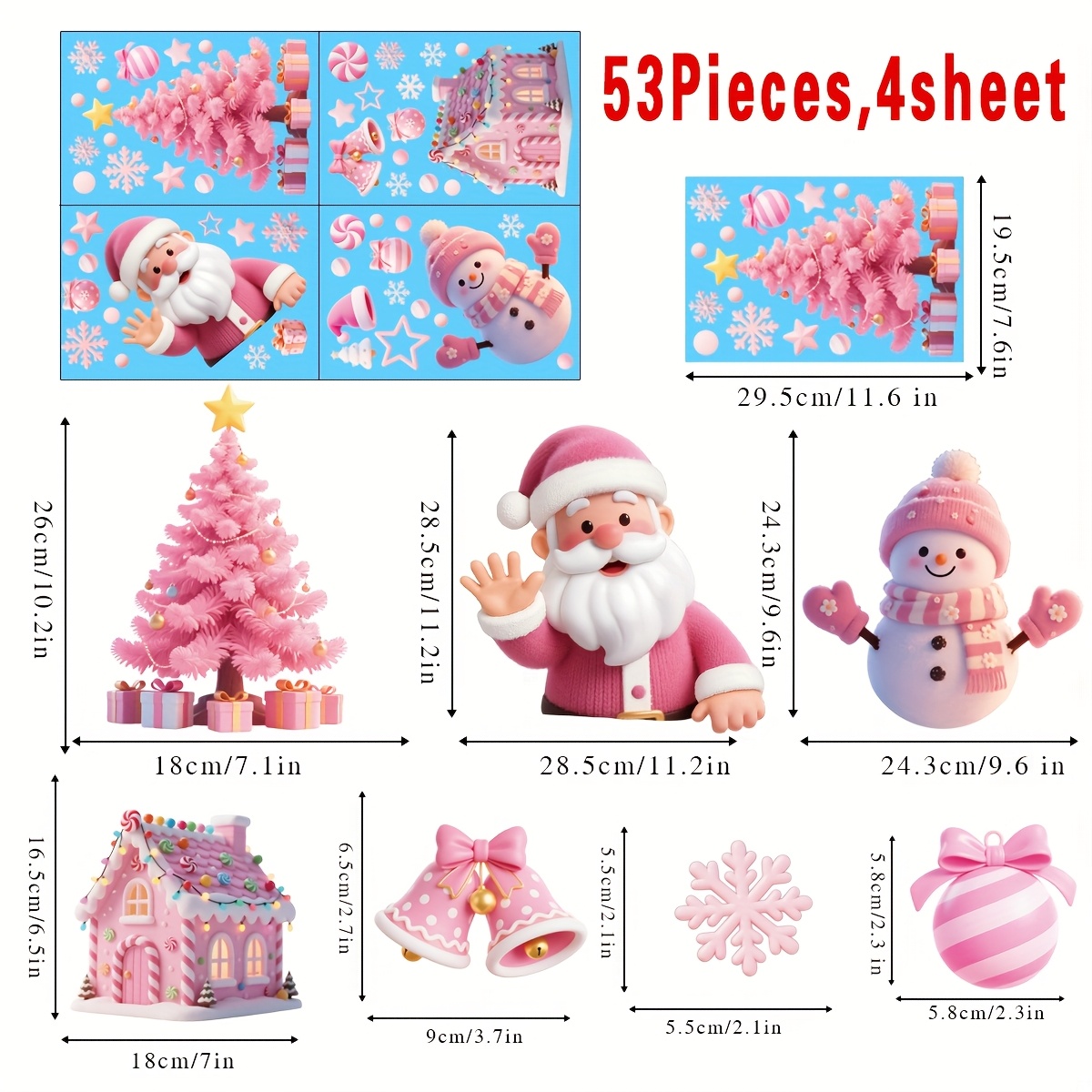 TEMU 53 Pieces/4 Sheets Christmas Static Window Clings, Residue-free Window Decorations - Navidad: Pink Santa, Snowman With Pink Hat And Scarf, Pink