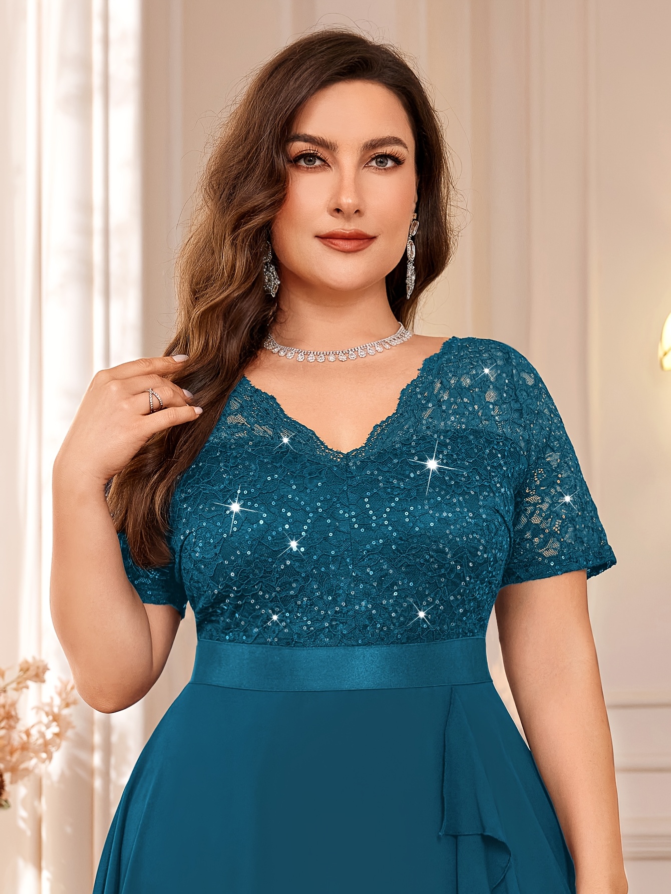 plus size womens elegant sparkling lace v neck chiffon party
