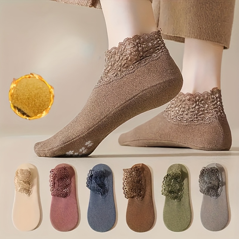 TEMU 6 Pairs Of Women's Lace Non-slip Boat Socks - Soft And Warm, Winter Style, Multiple Colors , Hand Wash/, Comfortable Indoors, Fashionable