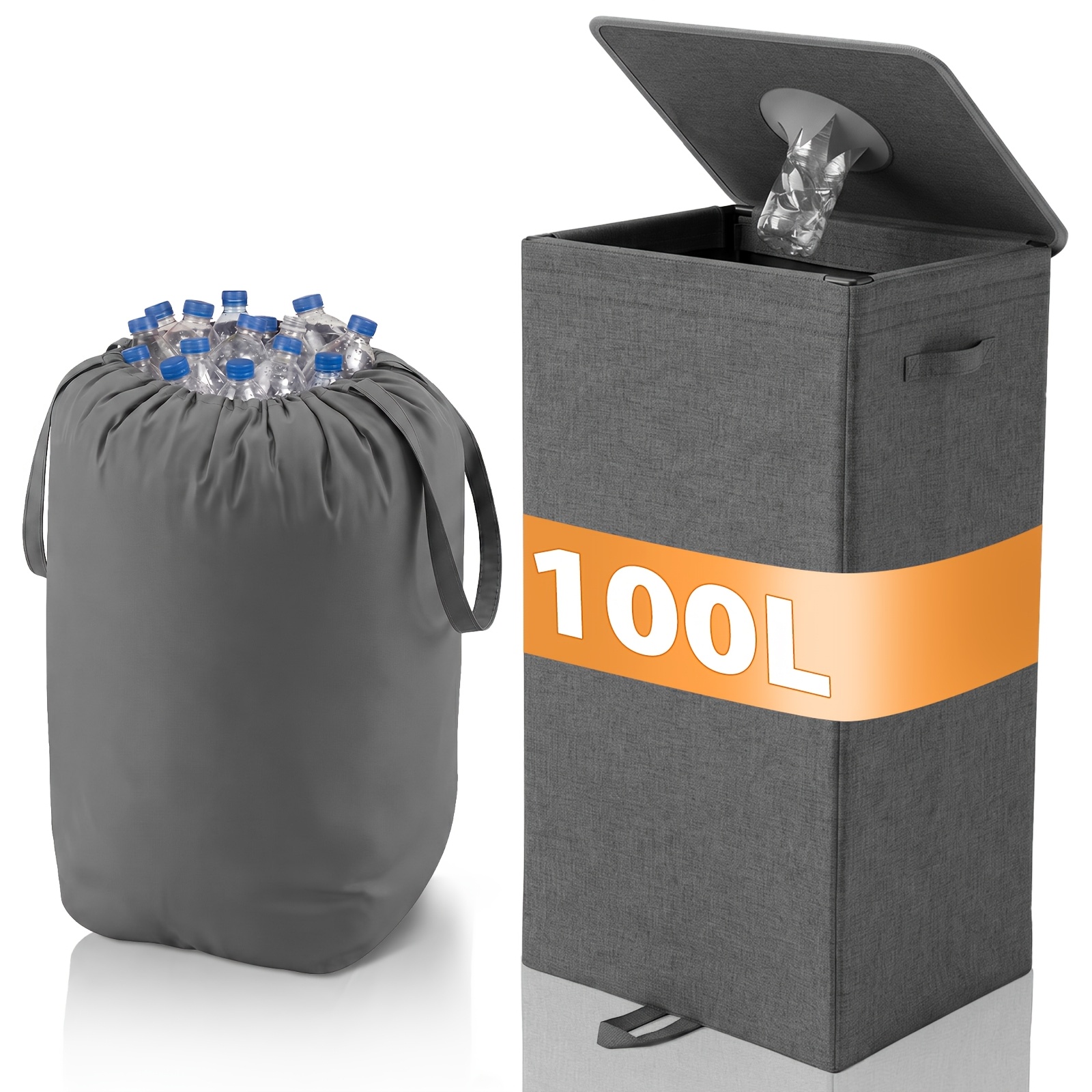Image of Sekey 100l/160l Bottle Collection Bin, Bottle Organiser With Lid, Bottle Collector For Empties With A Hole, Including Carry Bag, Foldable Bin For The Kitchen & Utility Room