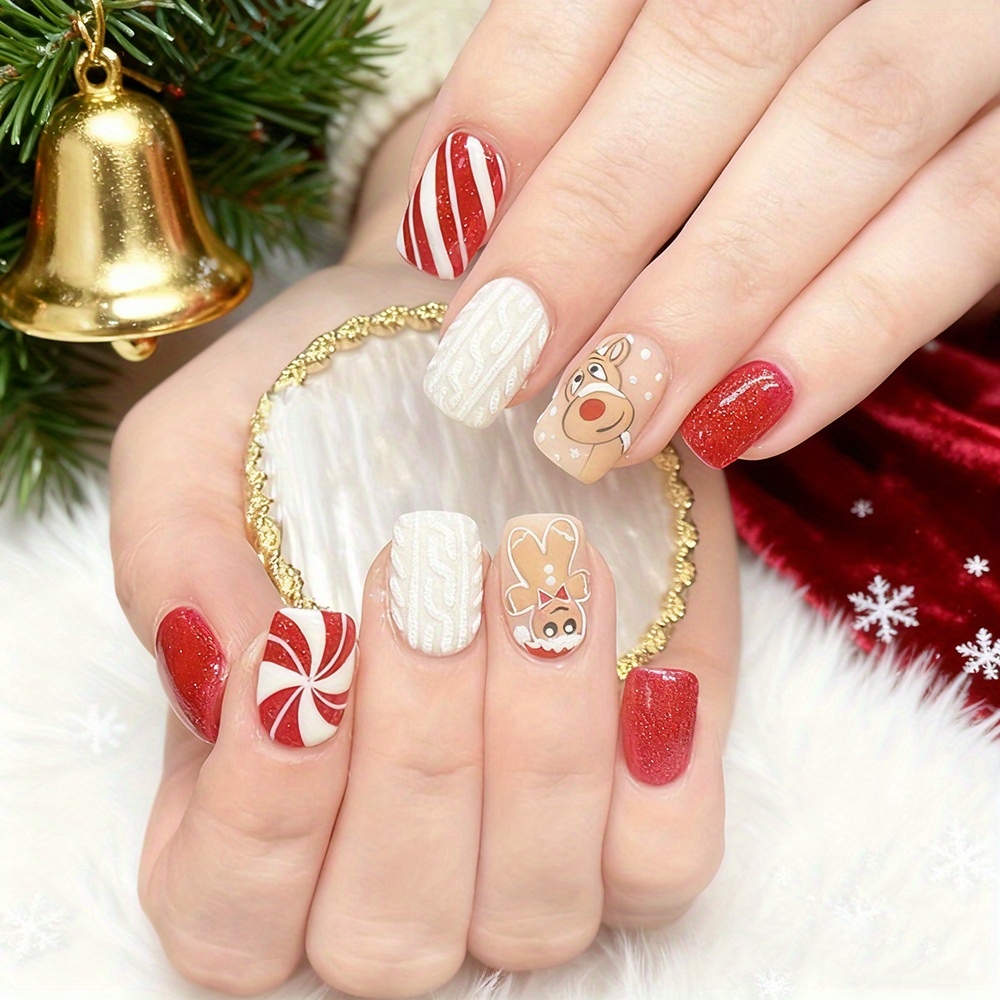 24 Stück Schneeflocken Weihnachts-Nagelset – Künstliche Nägel Mit Klebepad, Für Festliche Maniküre