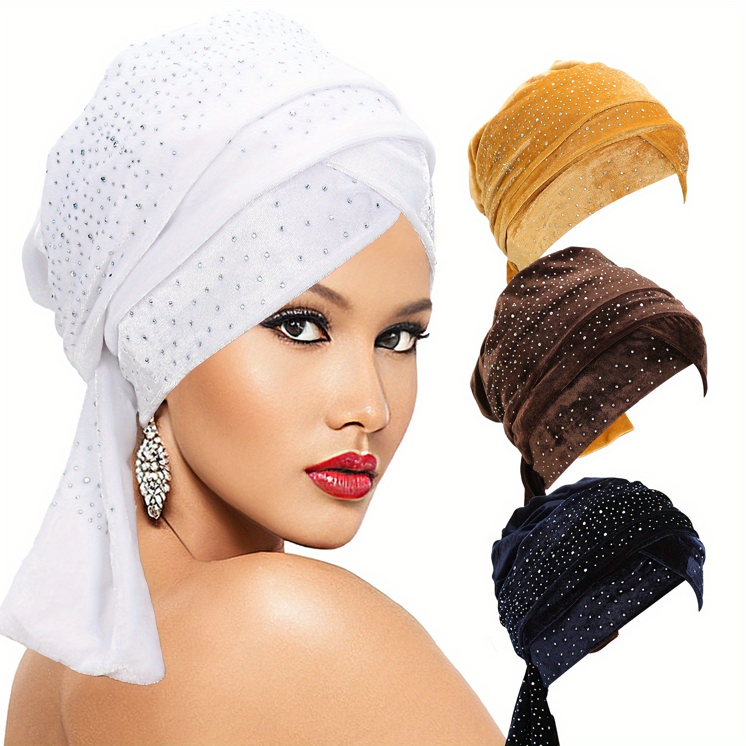 

Awegeo Women's Velvet Turban With Rhinestone Accents, Fashion Headwrap Hat, Options With Tassel, , Machine Washable, New Year & Holidays, Switch Closure, Knit & Embroidery