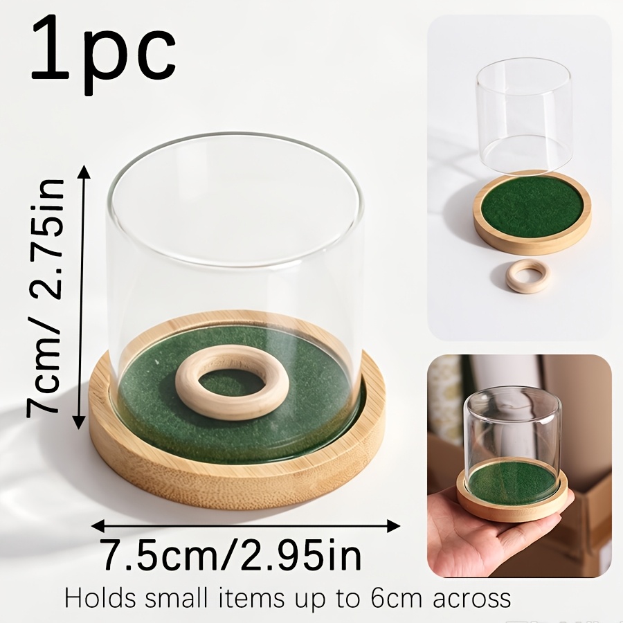 TEMU Clear Glass , Stackable Glass Cylinder Display Case With Bamboo Base, Green Felt Mat & Wooden Ring, For Golf Ball, Crystal Sphere, Mini