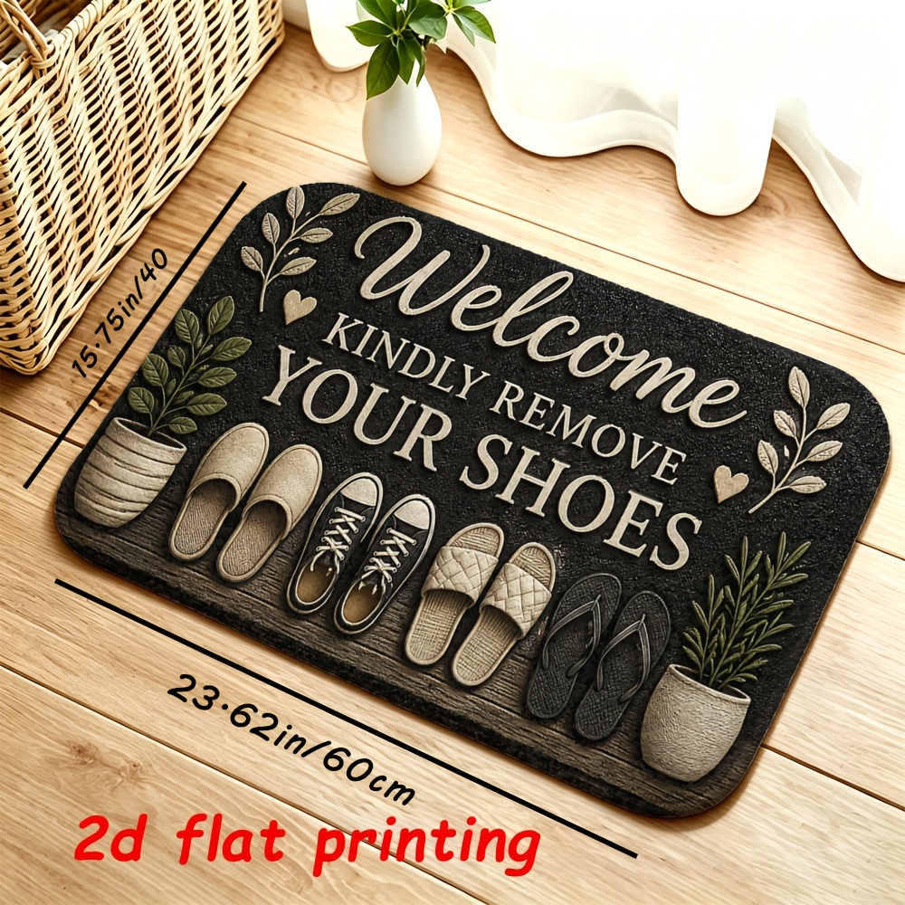 TEMU 2d Flat Printing, 1pc Vintage Wood Grain Shoe Removal Reminder Printed Floor Mat, Flannel Material, Durable And Entryway Doormat, Machine