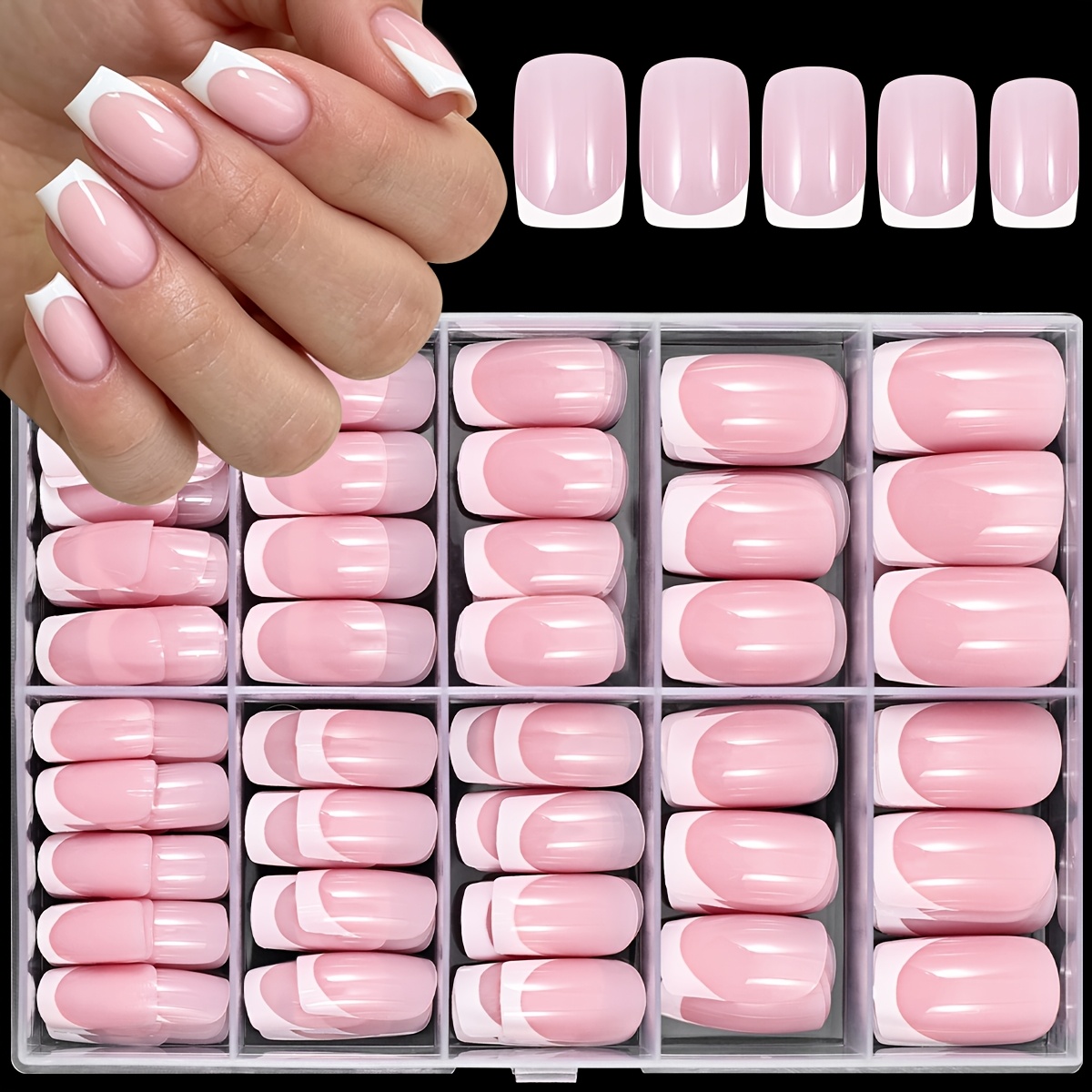 Image of 240pcs Short Square Press On Nails, Classic French Tip Design With Pink Base And White Edges, Full Cover False Nail Tips Bulk Pack With 10 Sizes, Natural Fake Nails For Daily Wear
