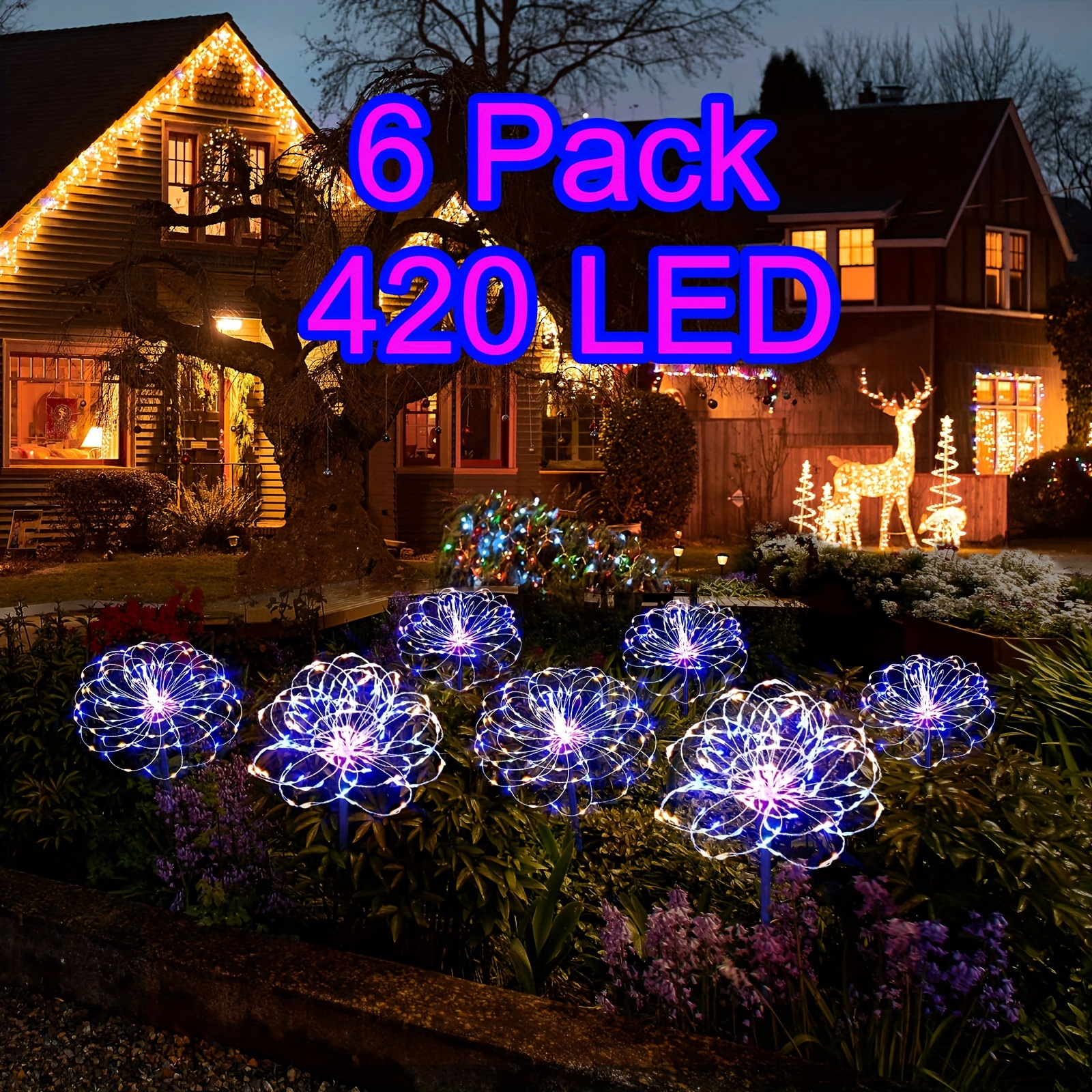 

6 Pack Outdoor, Solar Firework Lights Upgraded 2550 Led Waterproof Solar Powered Sparkler Lights For Outside With 8 Lighting Modes For Garden Yard Outdoor Decor (warm White, Multi-colored)