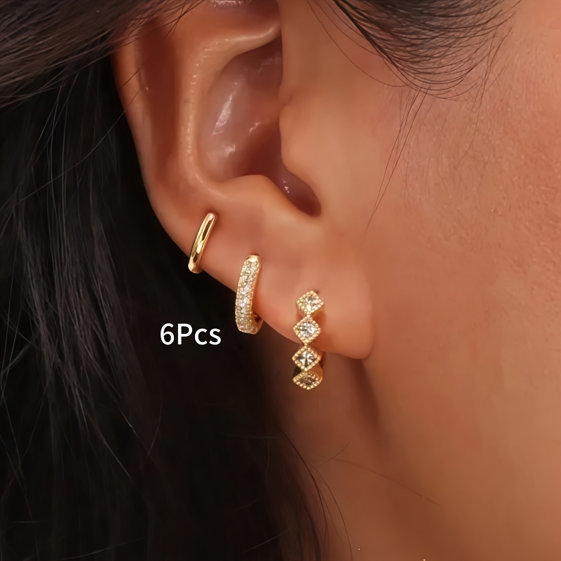 Image of 6pcs Set Of Easy And Stylish Copper-set Synthetic Zirconia Small Hoop Earrings, Elegant And Suitable For Women' And Vacation Wear