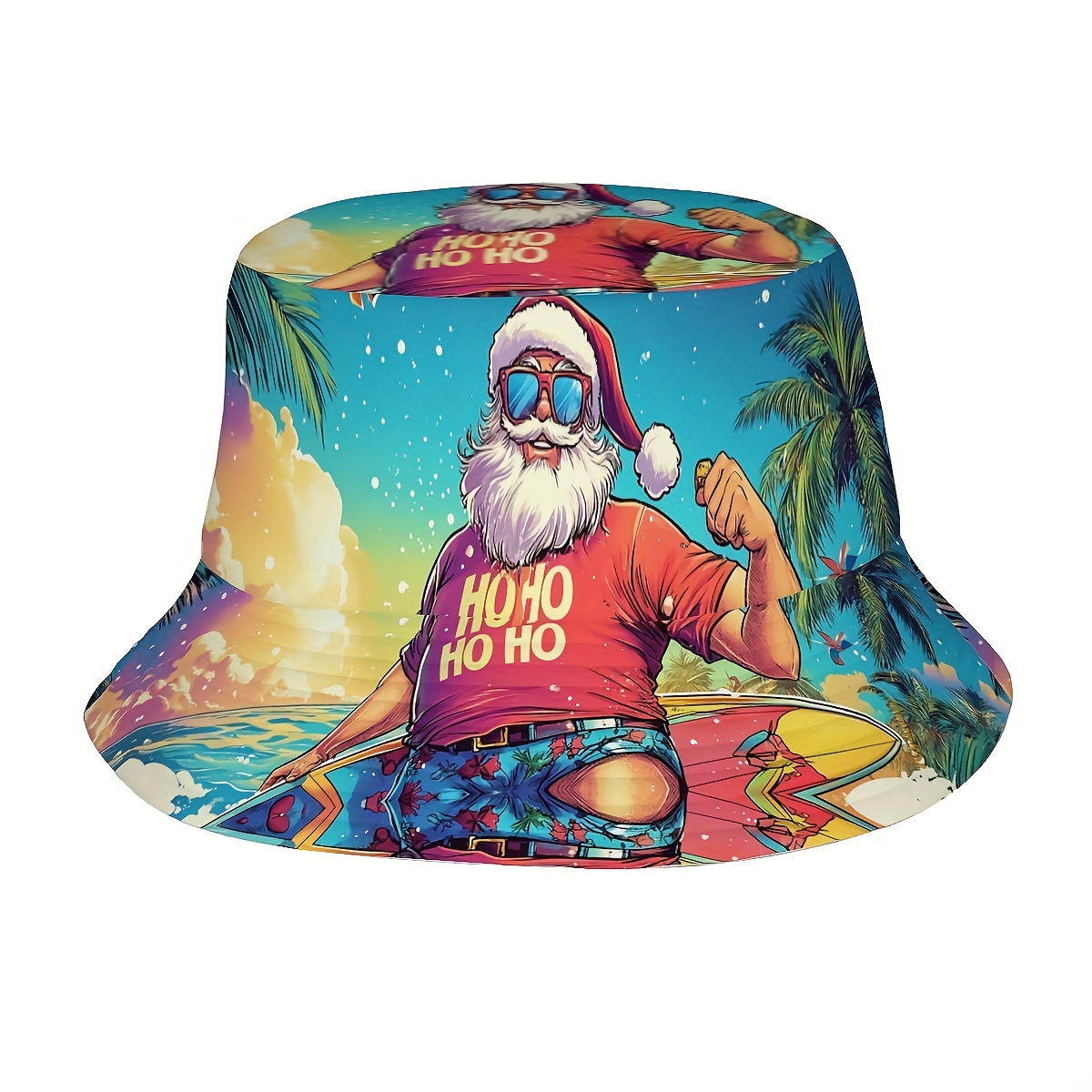 TEMU A Unisex One-piece Full-print Bucket Hat Featuring Santa Claus Surfing , Outdoor Vacations, Birthday Celebrations, Party Favors, Christmas
