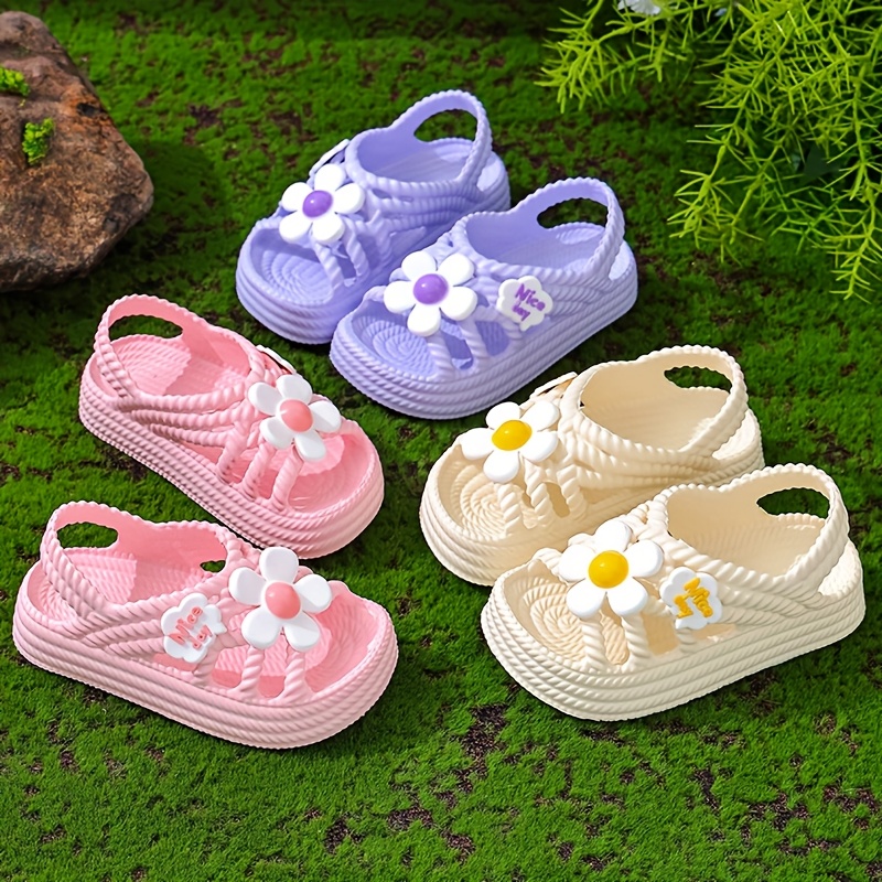 Girls' Summer Sandals with Floral Accents - Breathable EVA Slip-On Beach Shoes, Lightweight Soft Sole for Outdoor Play & Casual Wear, Cute Flower Design in Pink, Purple, Beige, Shoes for Girls, Playful Youngsters Footwear, Cushioned Comfort Insole