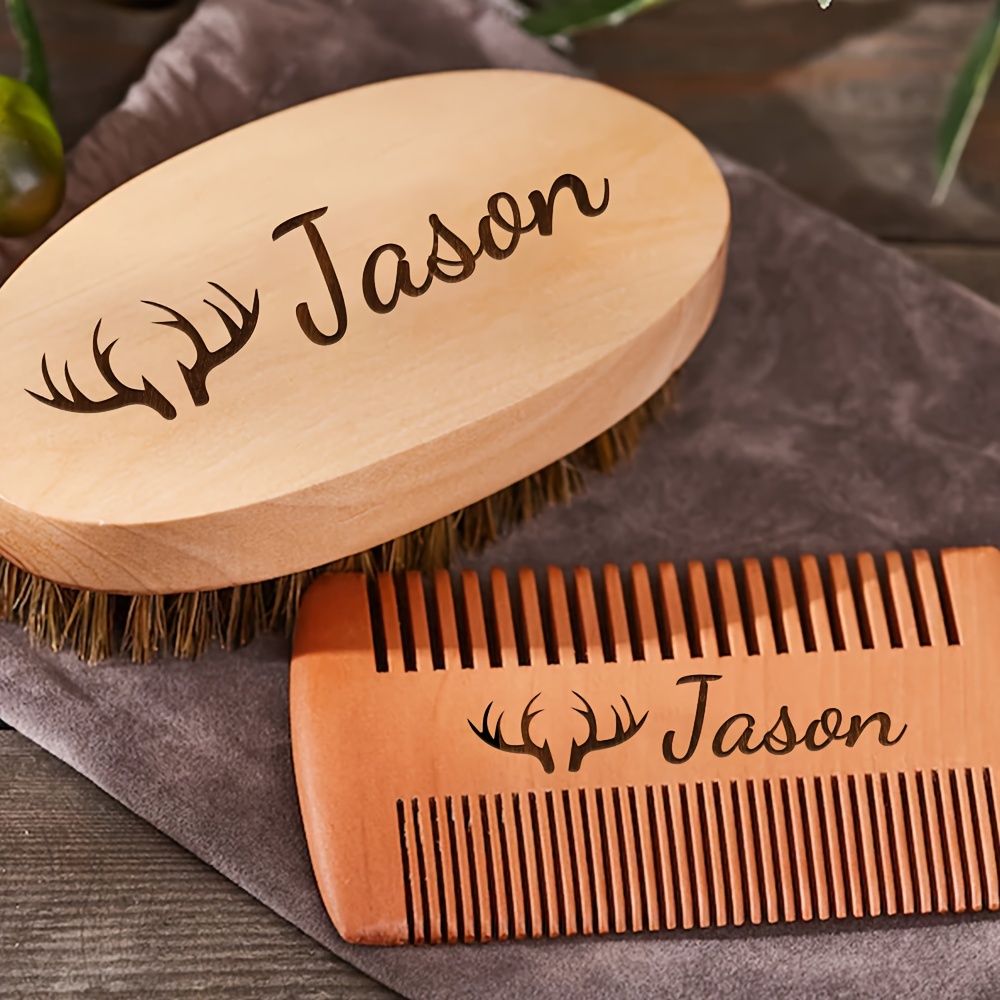 

2pcs/set Personalized Men's Beechwood Beard Brush And Comb Set, Engraved Grooming Kit With Bristle Beard Brush, Beard Comb & Travel Pouch, Custom, Gifts For Men, Father's Day Gift