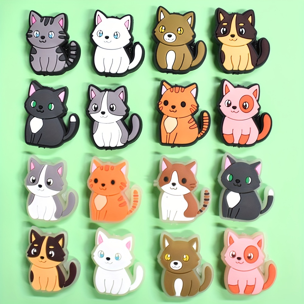 

16-piece Glowing Cat Theme Plastic Beads Set - Cute Animal Keychain And Jewelry Making Craft Supplies - Pvc Charms For Pens And Accessories - Assorted