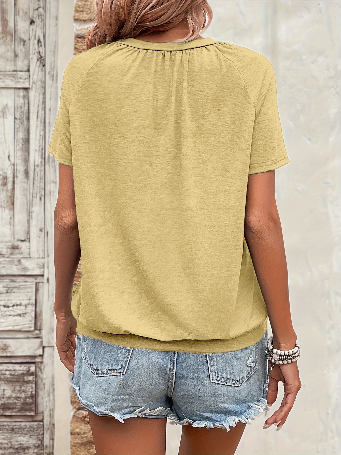 Solid Color V Neck T-Shirt, Casual Short Sleeve T-Shirt For Spring & Summer, Women's Clothing