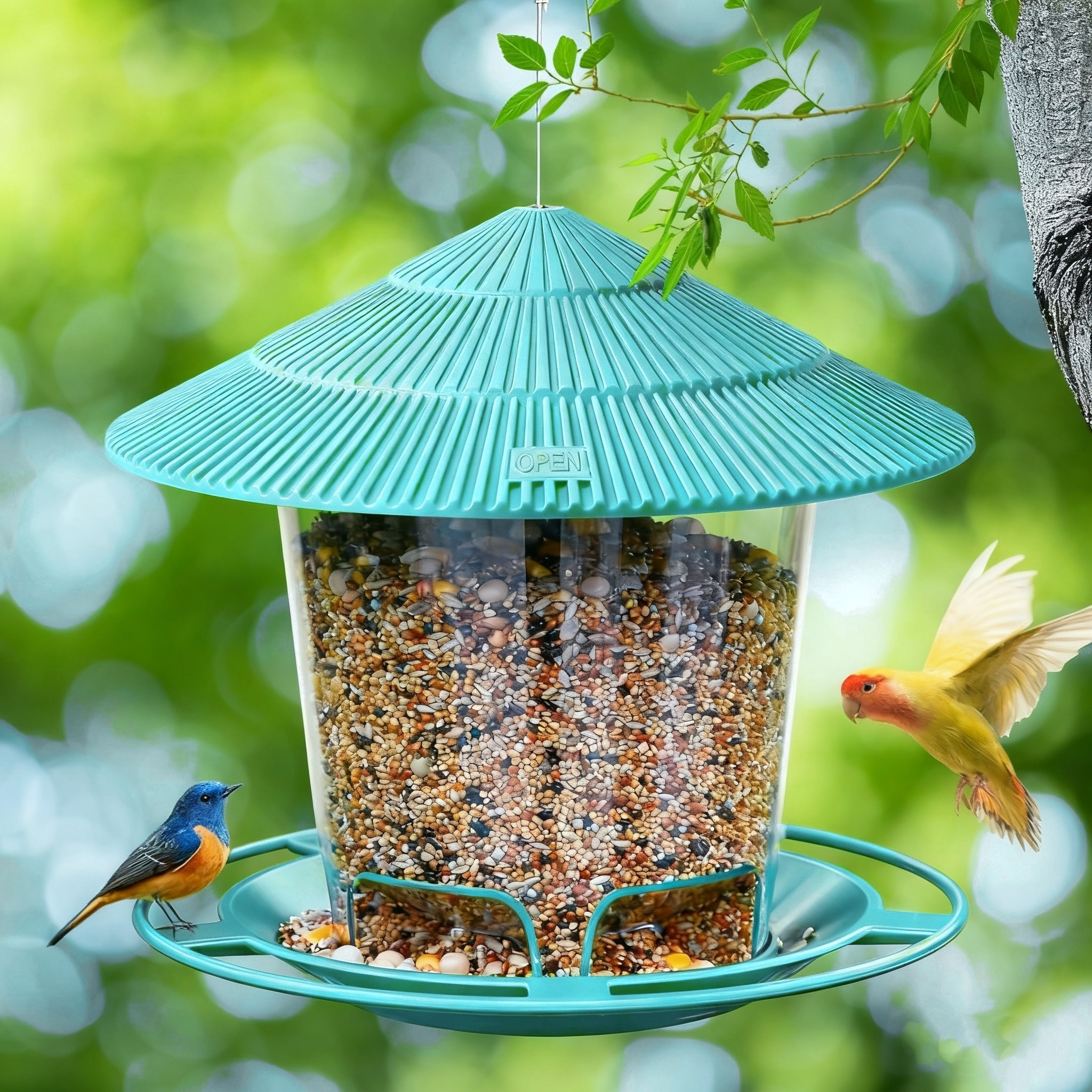 Nombre: Comedero colgante minimalista para pájaros de jardín al aire libre, popular comedero automático para colibríes para aves silvestres