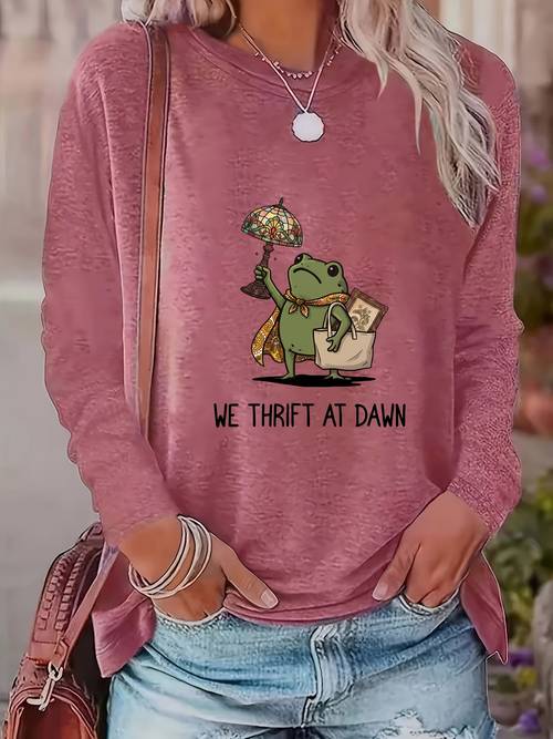 womens frog themed style round neck long sleeve tunic washable casual casual attire with frog print simple basic outfits suitable for regular fit for office