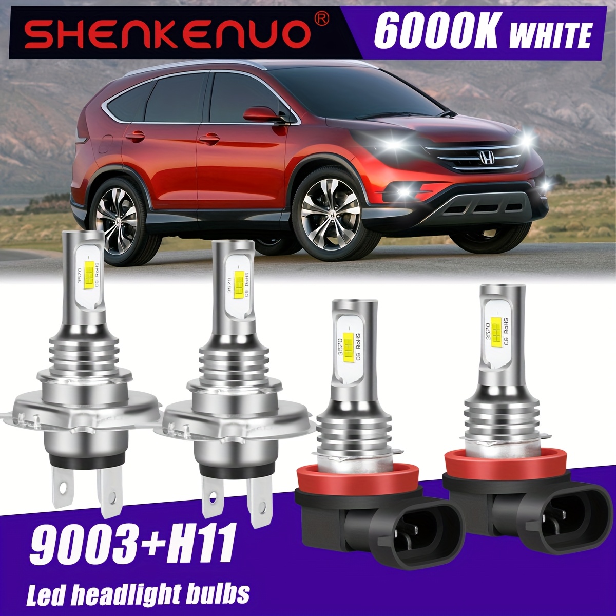 4pcs H4 H11 Led Headlight Bulbs For 2002 2003 2004 &07-14, 6000k White, 10000ml, Without Battery