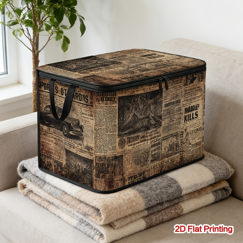 TEMU 1pc Vintage Newspaper Collage Printed Covered Storage Basket | Large Capacity, Soft Fabric, Foldable Lid Box, Space- Storage Bin, Ideal For
