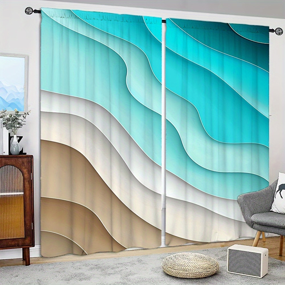 

2pcs Ocean Curtains - Semi-sheer, Rod For Privacy & Light Control In Living Room, Bedroom, Office, And Kitchen