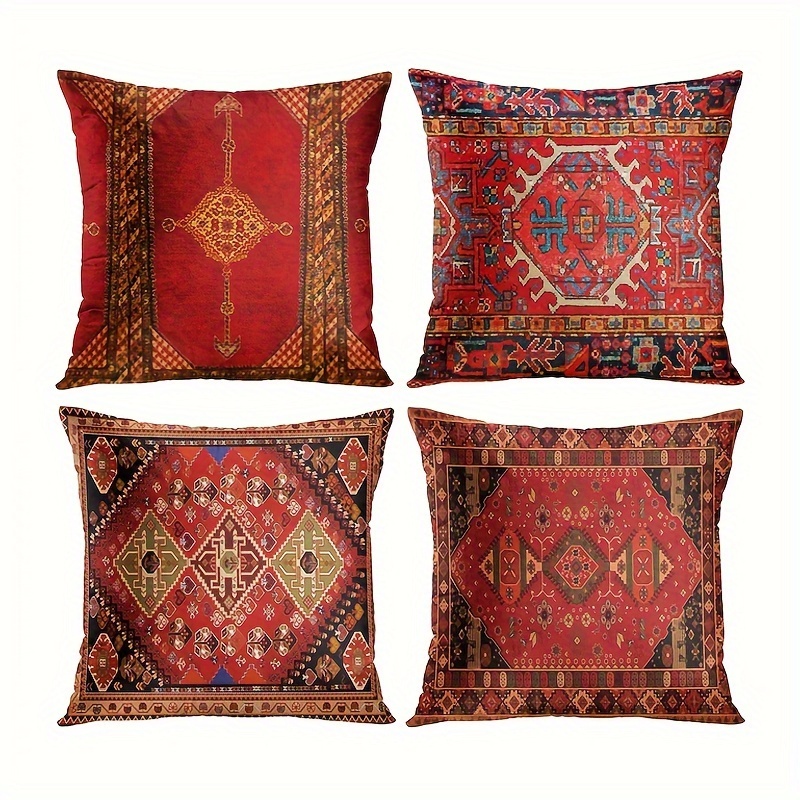 

4pcs, Velvet Throw Pillow Covers Geometric Home Decor Set Of 4 Oriental Ikat Pillow Cases Decorative 18 X 18 Inches Cushion Couch Sofa Pillowcases Colorful Red Tribal