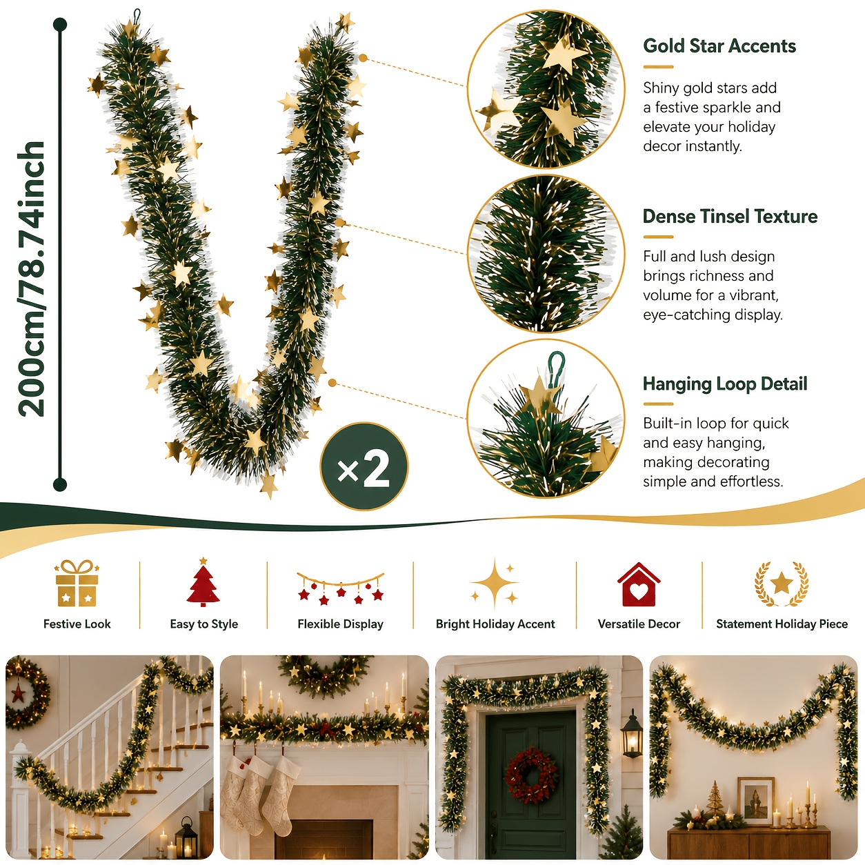 TEMU 2pcs Green White Pointed Christmas Tinsel Vine With Golden Pentagram Decorations, Spring, Valentine's Day Special, Arch Vine Fake Spring Floral
