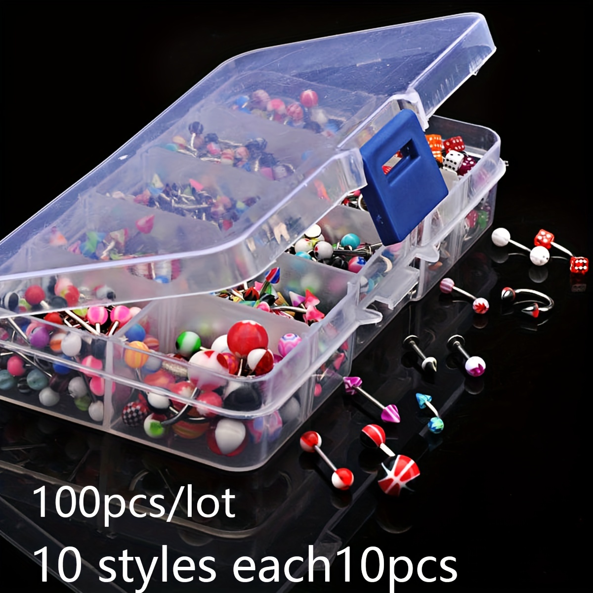 10 Styles X 10pcs Each, 100pcs Per Pack With Box, Mixed Colors Lip Studs, Eyebrow Studs, Nose Rings Piercing Jewelry Set Random