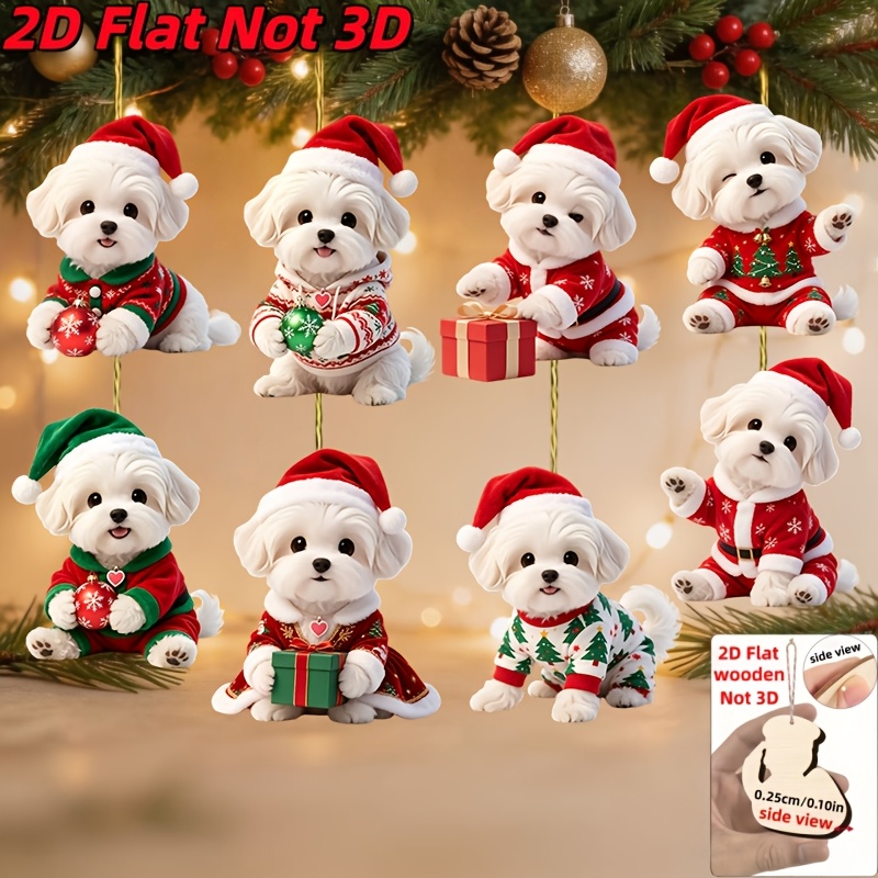 TEMU Set da 8 pezzi di simpatici ornamenti da appendere in legno a forma di cane maltese, decorazioni per albero di Natale, accessori per il