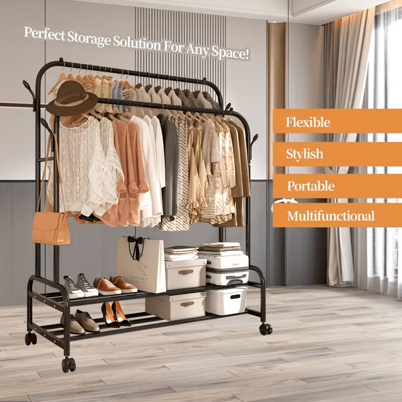 Durable Metal Hanger With Double Poles And Wheels, Equipped With Shelves And Hooks, A Multifunctional Wardrobe Solution Suitable For Independent Metal Hangers In Bedrooms, Laundry Rooms, And Living Rooms.