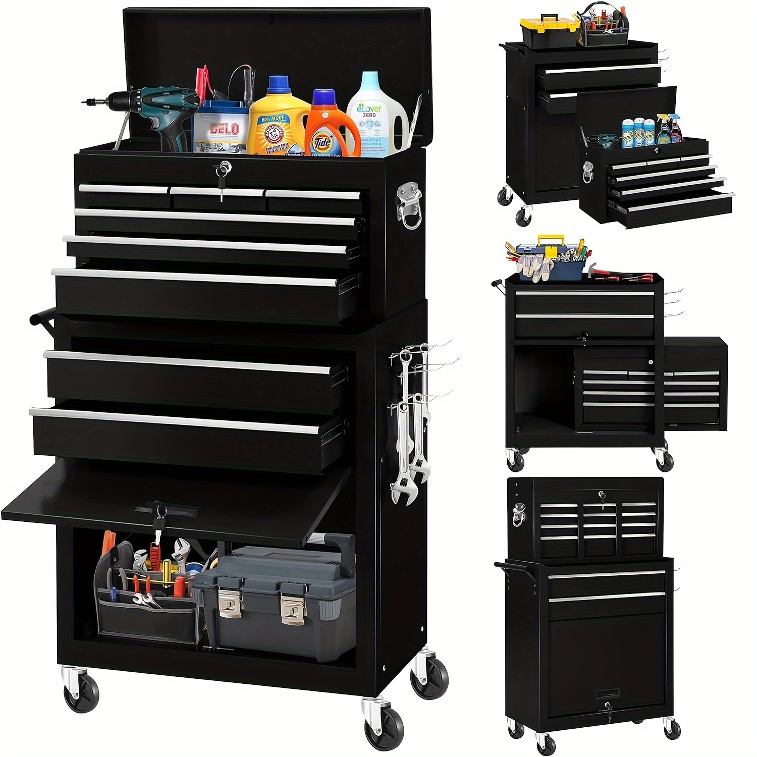 

8-drawer Rolling Tool Chest Cabinet Metal Lockable Tool Storage Box With Wheels, Black Storage Drawer Units