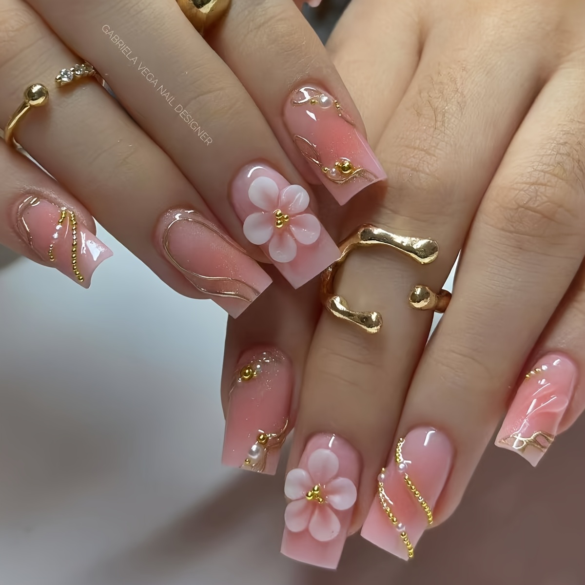 TEMU 24pcs/ Press On Nails, Nude Pink Gradient Vertical Stripe Fake Nails, 3d Flower Rhinestone Design Artificial Nail Tips For Women, Spring Summer