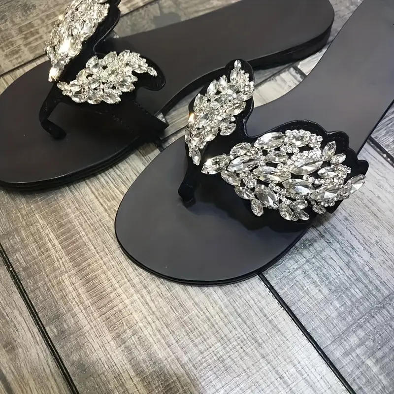 womens fashion rhinestone embellished flat sandals solid color slip on flip flops with fiber and corduroy upper pvc inner and insole open toe casual summer shoes details 1